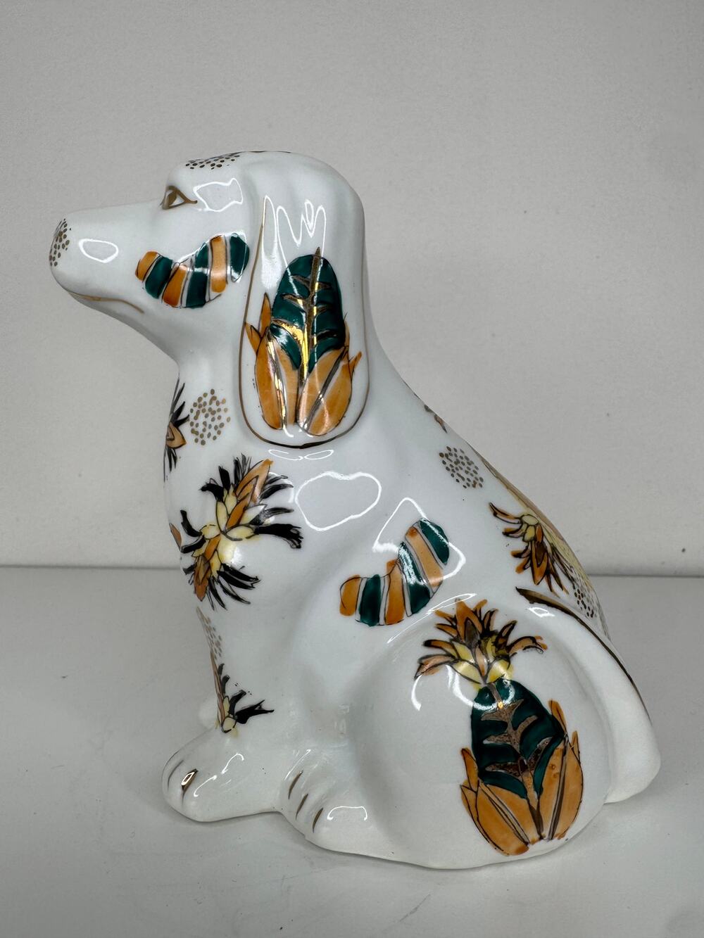 Vintage Ceramic Dog Figurine Hand Painted Floral Gold Teal Orange Decor Stamped
